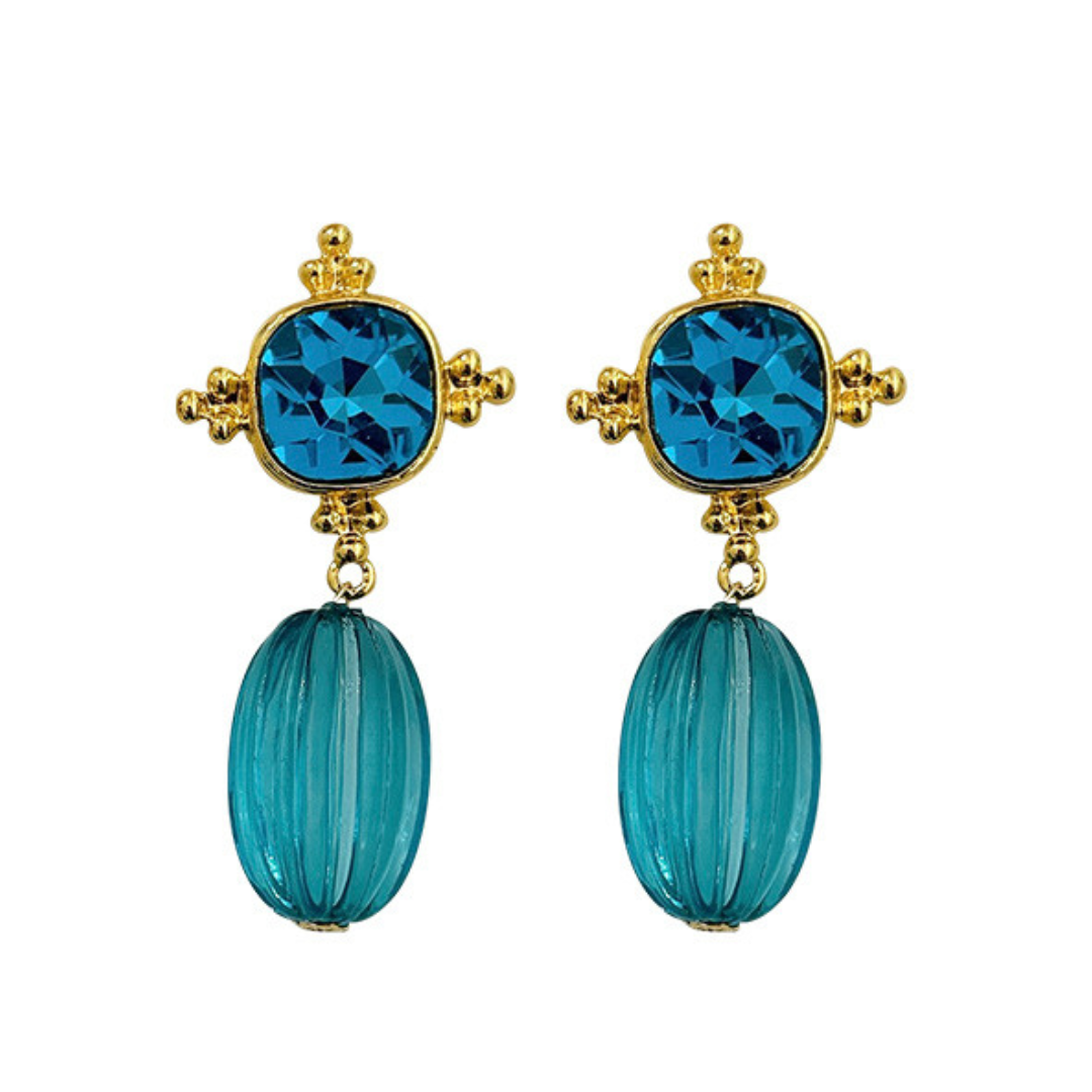 Pre Order:  Retro Blue Geometric Crystal Pendant Earrings