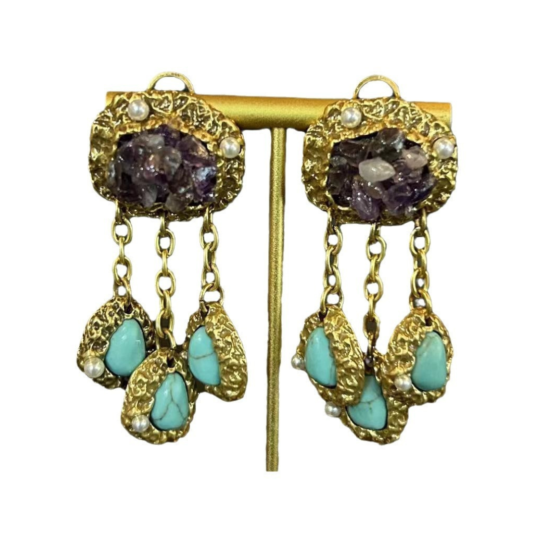 Pre Order:  Vintage Heavy Amethyst Turquoise Tassel Earrings