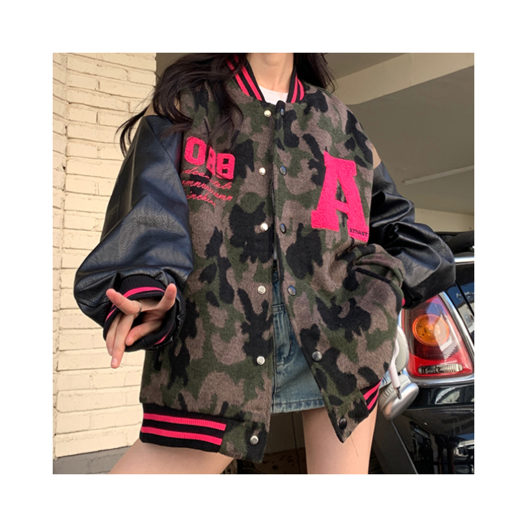 Pre Order:  Camouflage PU Leather Bomber Jacket