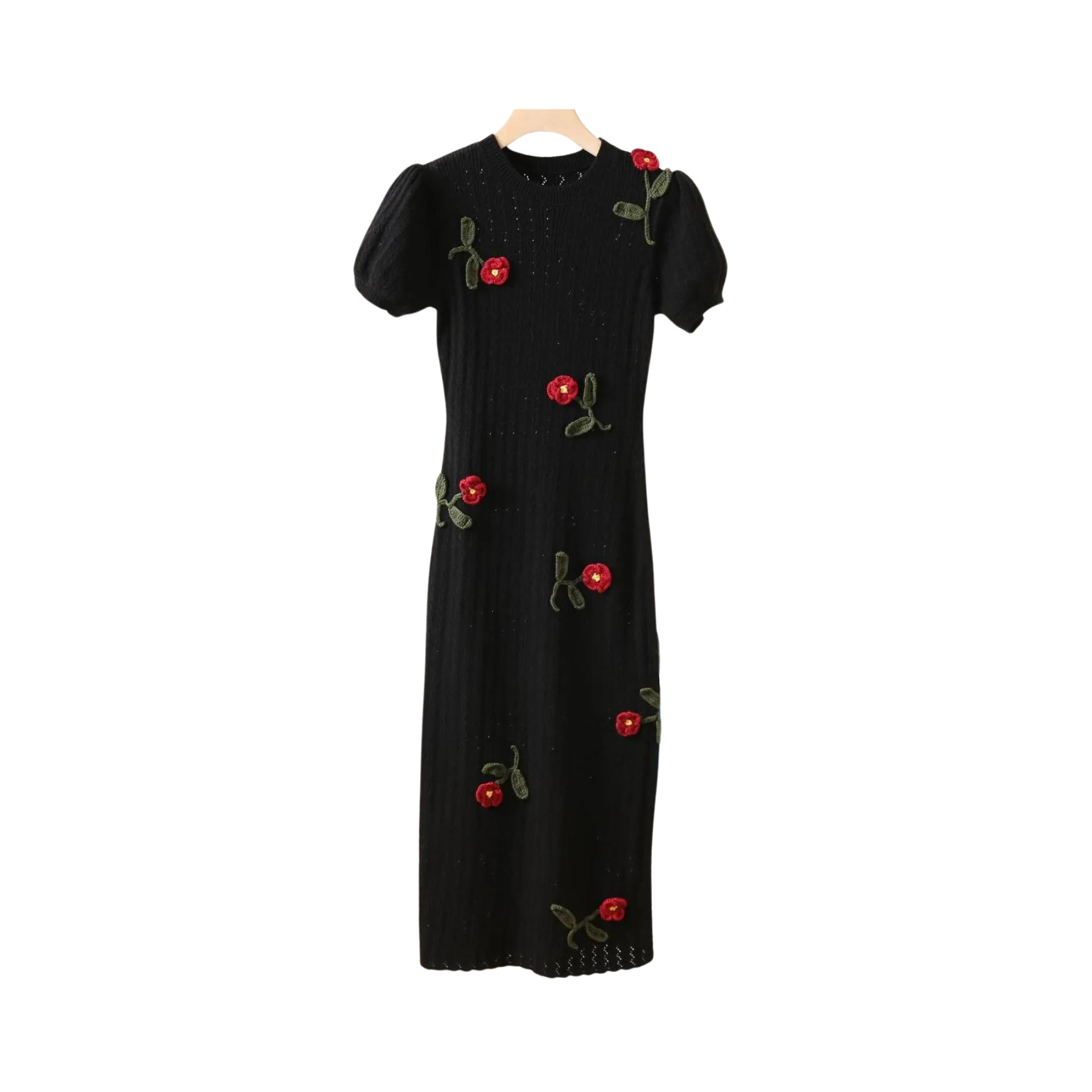Black Floral Knitted Midi Dress
