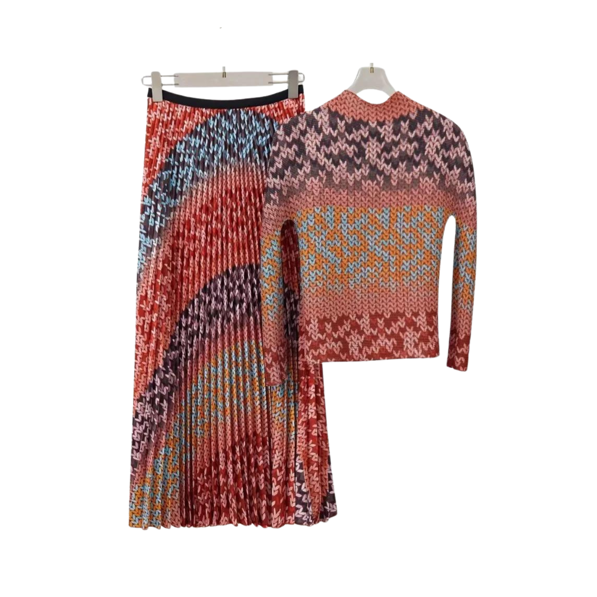 Pre Order:  Printed Stretch Slim Fit Top + Pleated Skirt Set