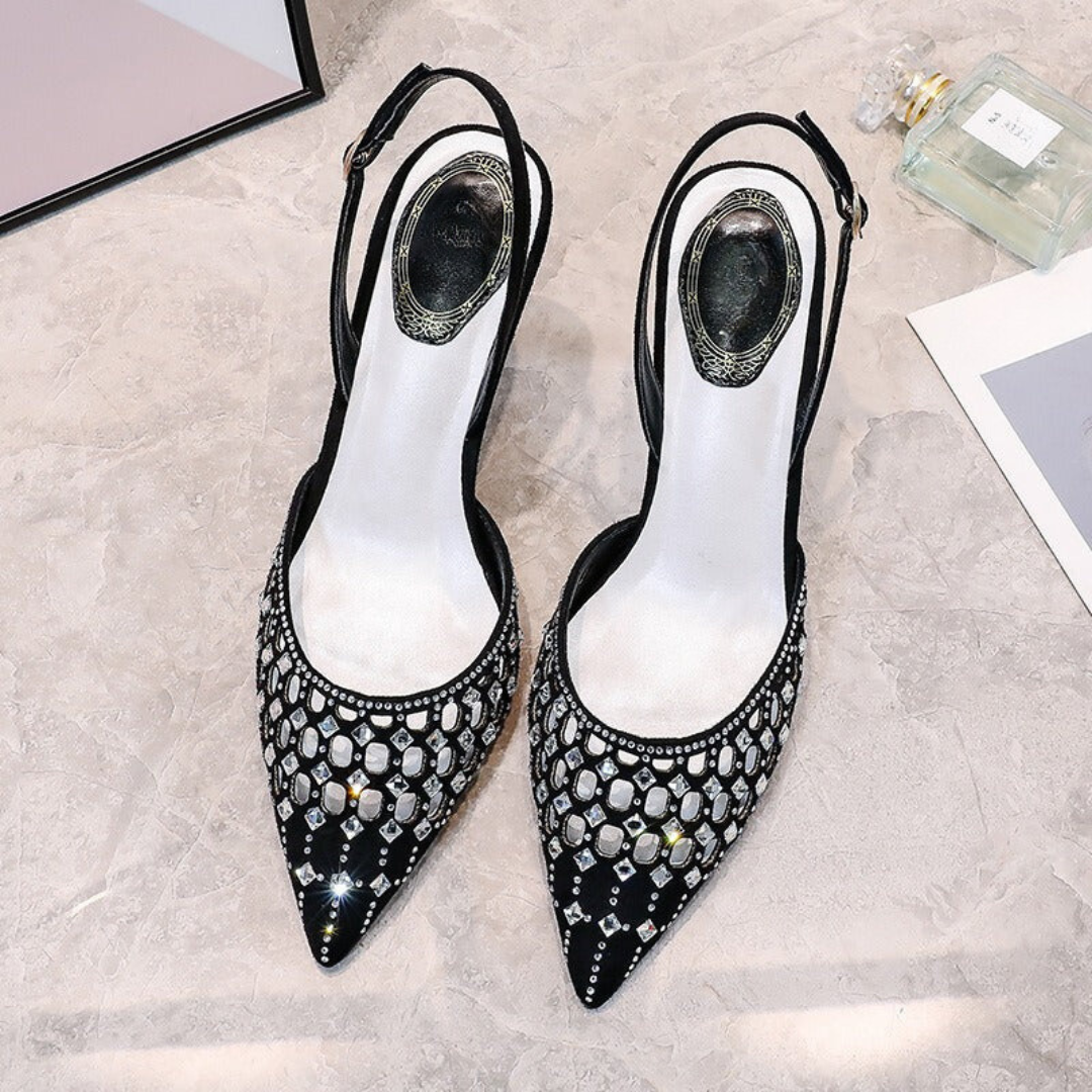 Pre Order:  Hollow Pointed Toe Rhinestone Stiletto Strap Sandals