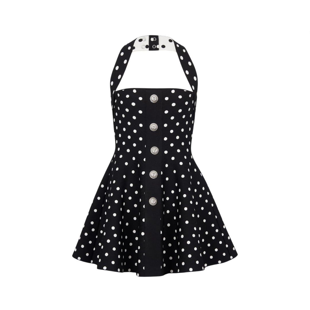 Pre Order:  Casual Polka Dot Jacquard Halterneck Dress