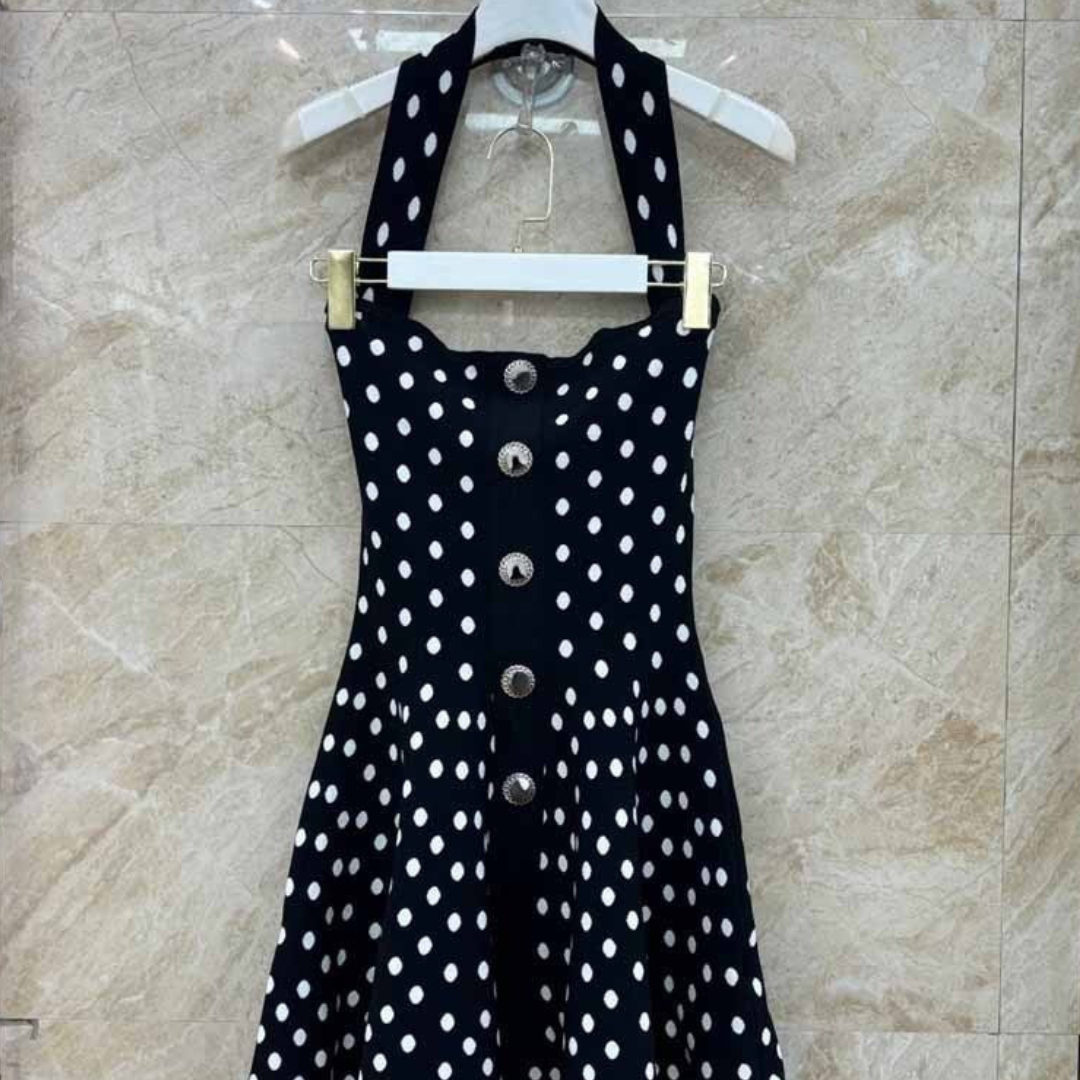 Pre Order:  Casual Polka Dot Jacquard Halterneck Dress