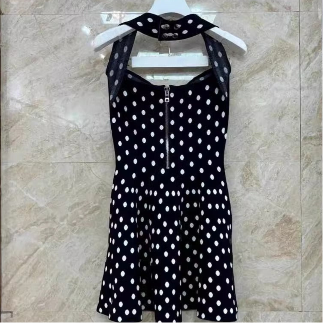 Pre Order:  Casual Polka Dot Jacquard Halterneck Dress