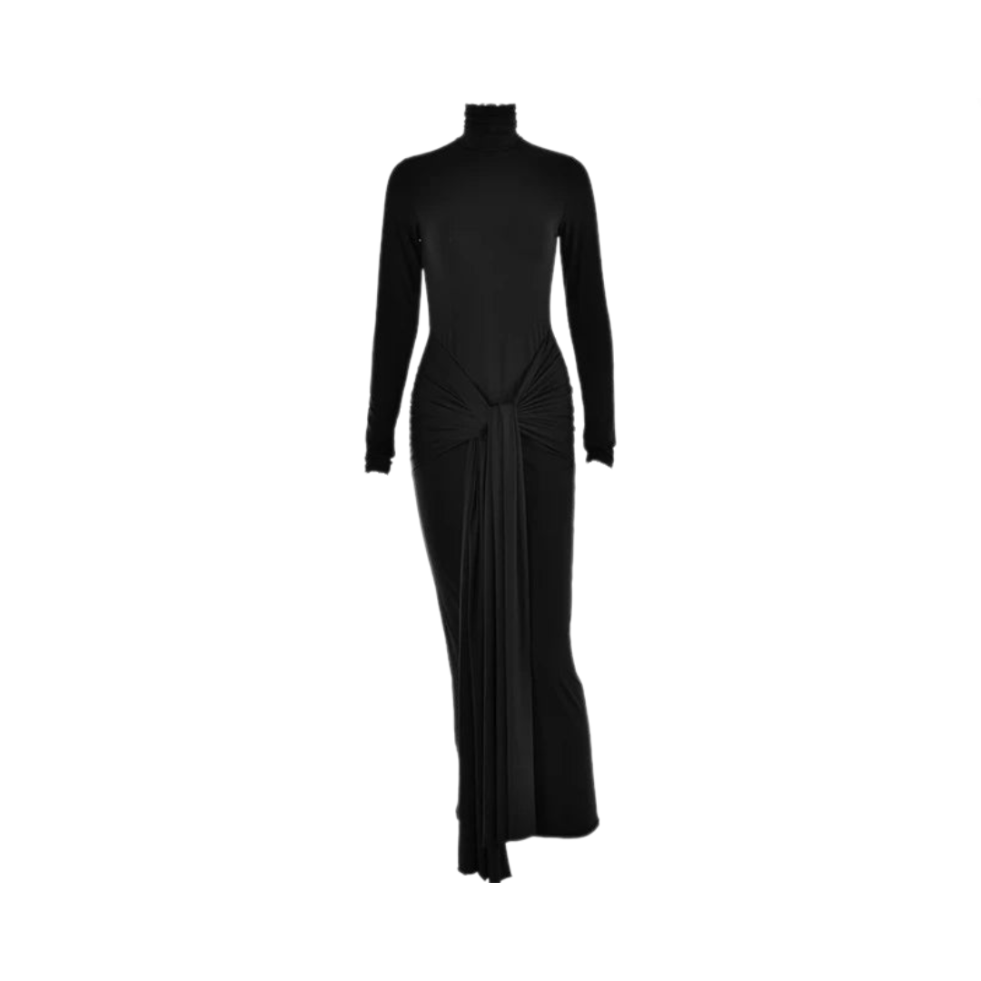 Solid Bodycon Long Sleeve High Waist Patchwork Folds Maxi Dress