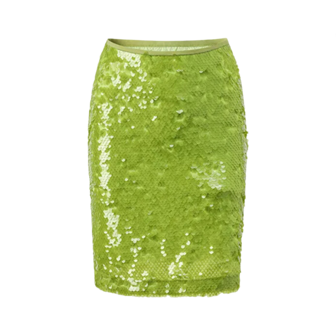 Green Sequin Wrapped Hip Slim Fit Skirt