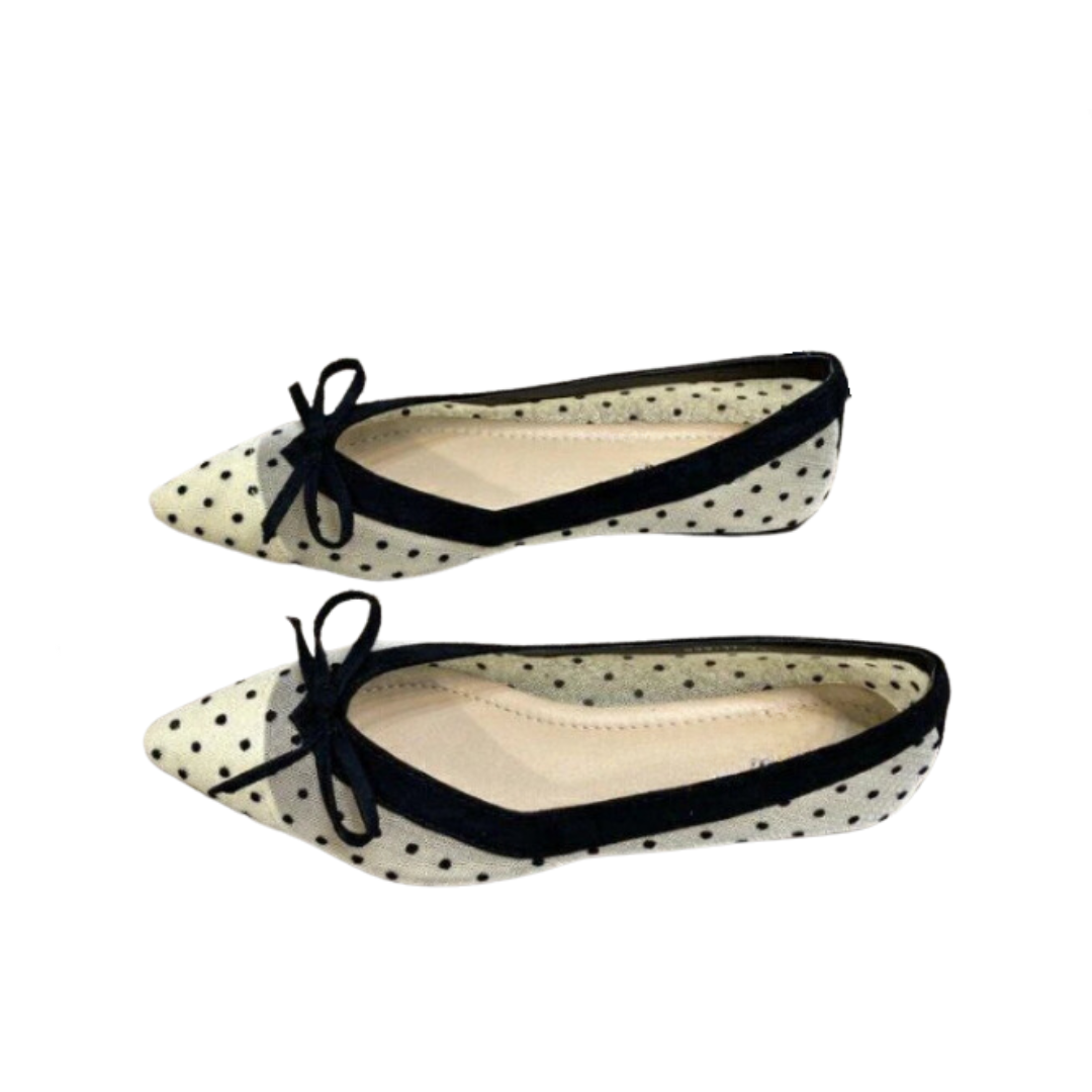 Pre Order:  Bow Pointed Toe Polka Dot Flat Shoes