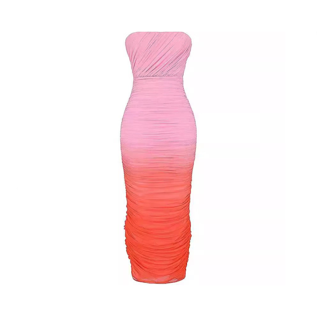 Mesh Gradient Strapless Mid Length Dress