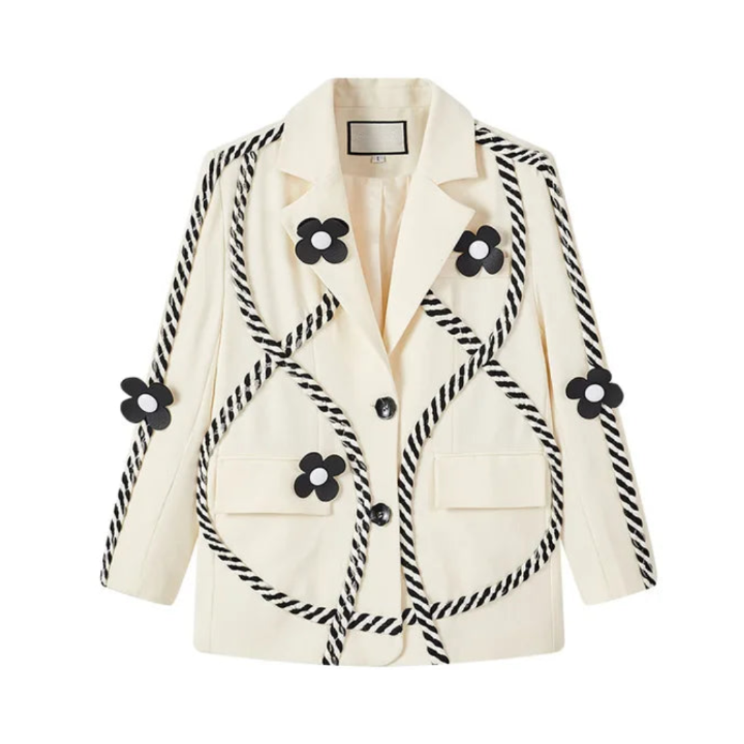 Rope 3D Flower Collar White Blazer