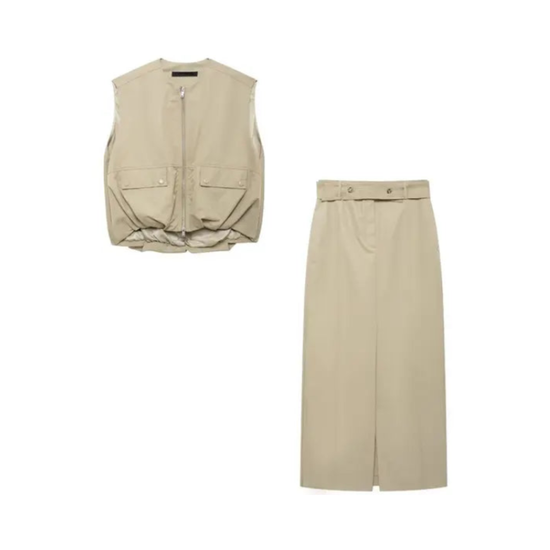 Pre Order:  Beige Zip Up Cargo Vest + Skirt Set