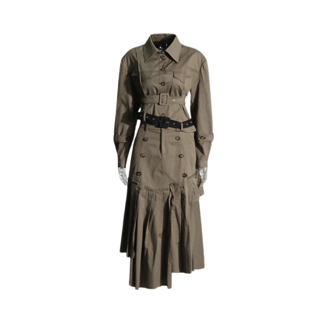 Pre Order:  Asymmetrical Double Belt Trench Top + Pleated Skirt Set