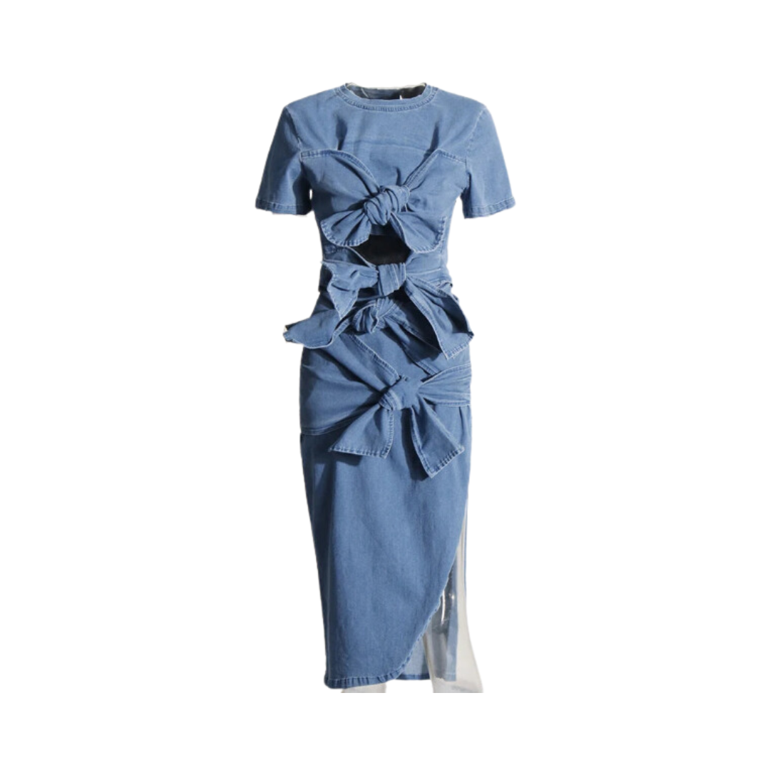 Pre Order:  Knot Tie Denim Top + Slit Midi Skirt Set