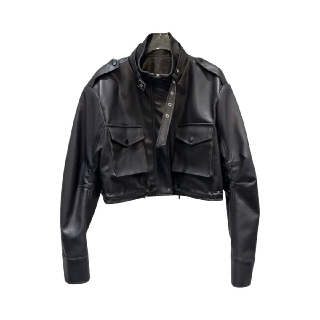 Pre Order:  Buckle Front Pockets Cropped Faux Leather Jacket