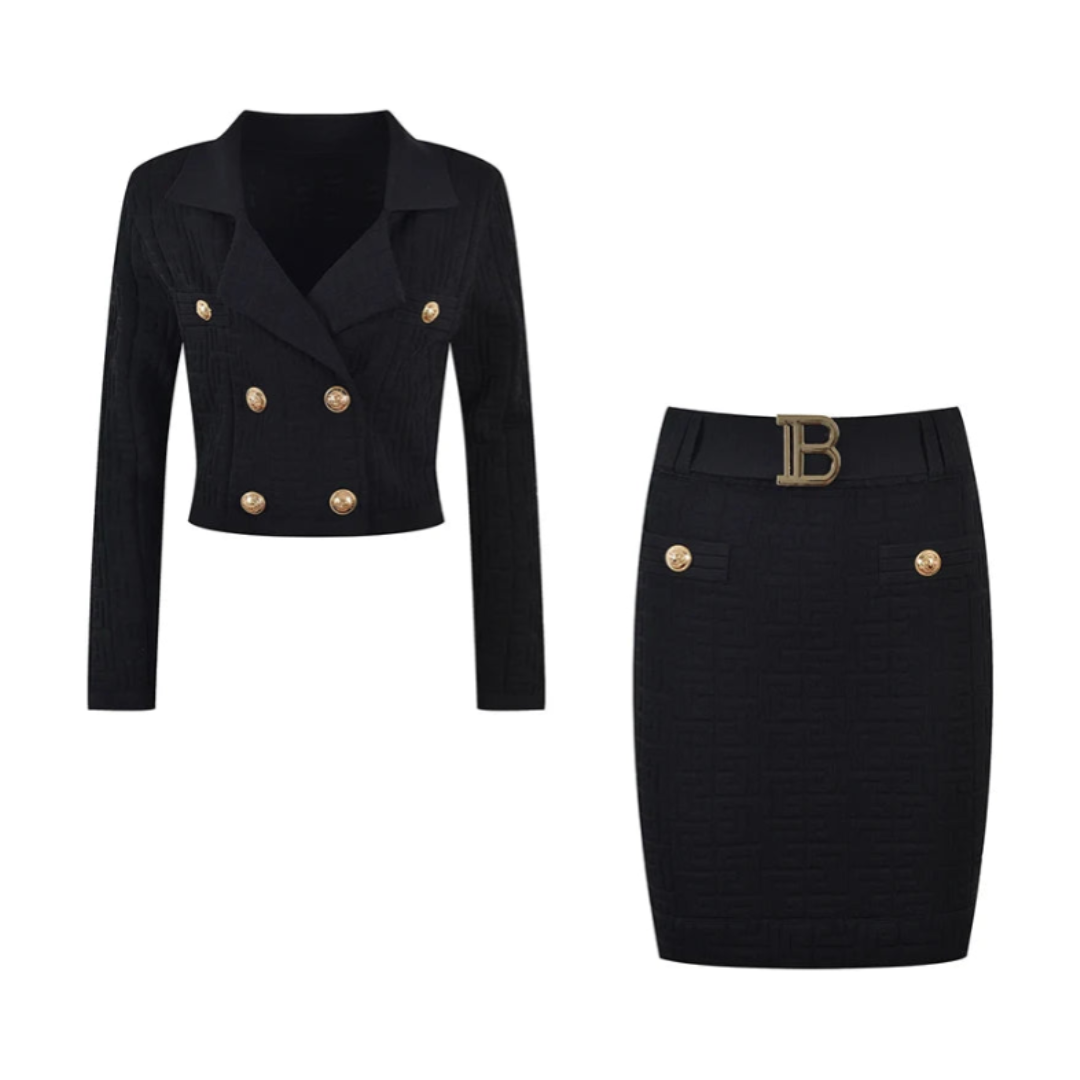 Pre Order:  Jacquard Knitted Long Sleeve Collar Top + Mini Skirt Set