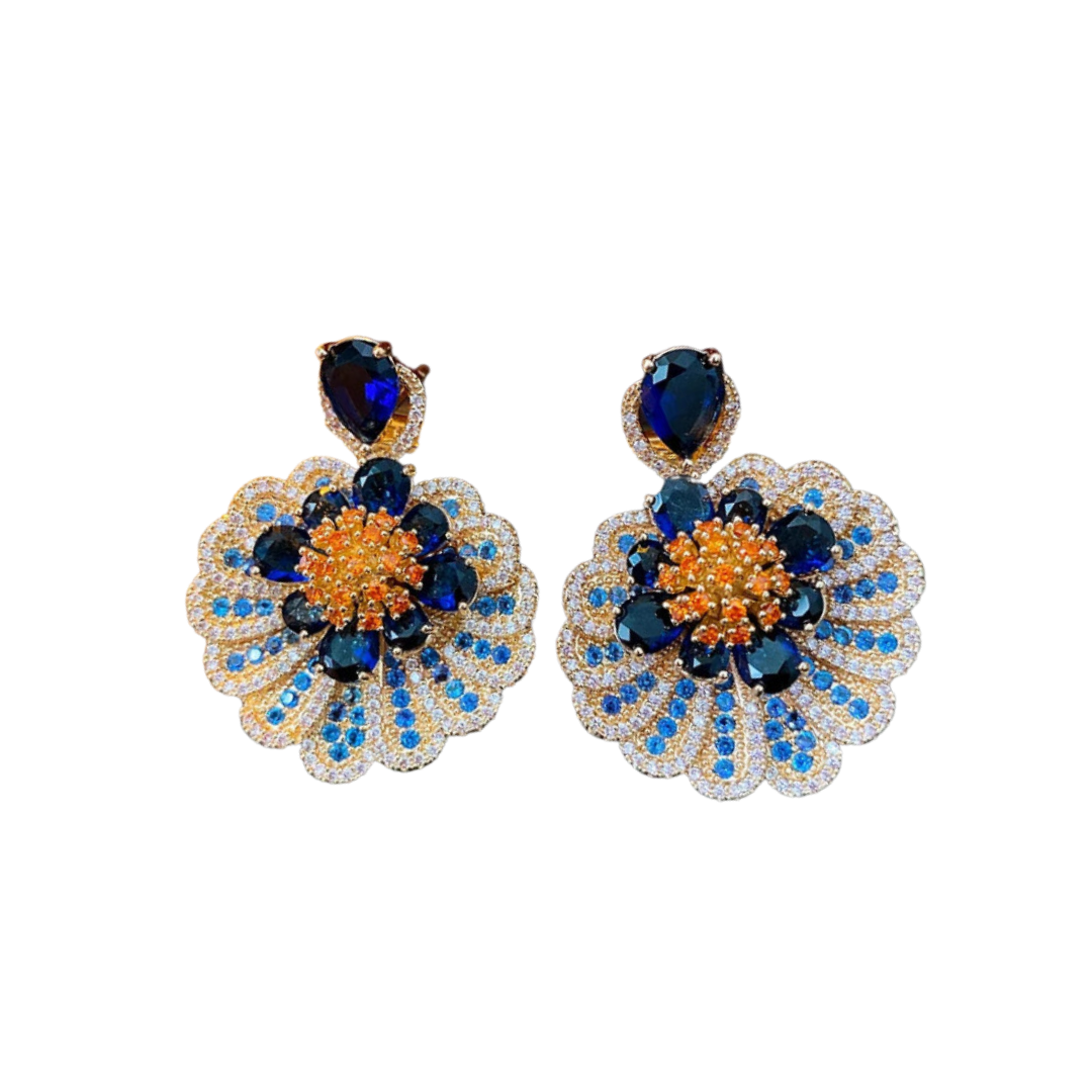 Pre Order:  Blue Drop Flower Pendant Rhinestone Earrings