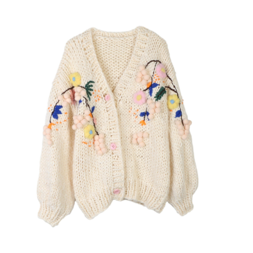 Pre Order:  Floral Embroidery Knitted Lazy Cardigan