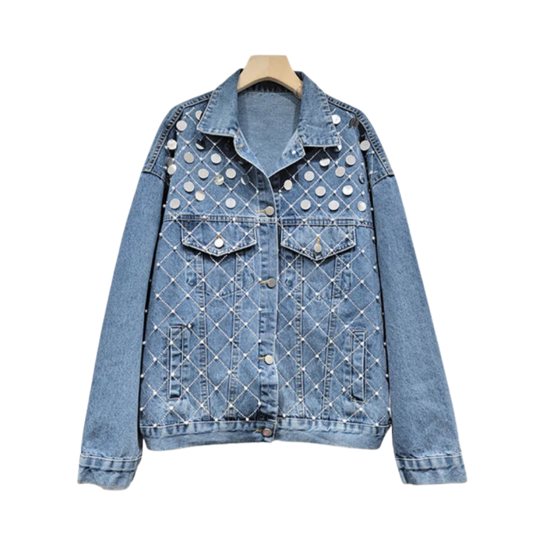 Pre Order:  Sequins Pearls Plaid Rhinestone Denim Jacket