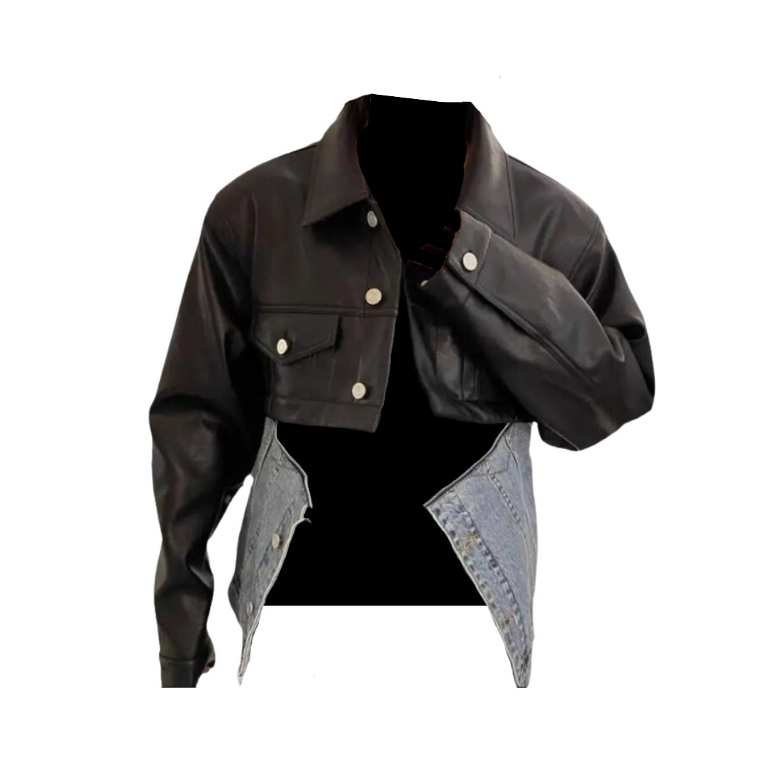 Pre Order: Detachable Denim Cropped Leather Jacket