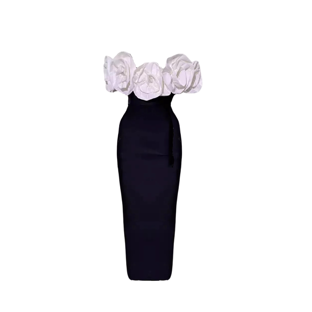 Pre Order: Large White Flower Black Bandage Dress