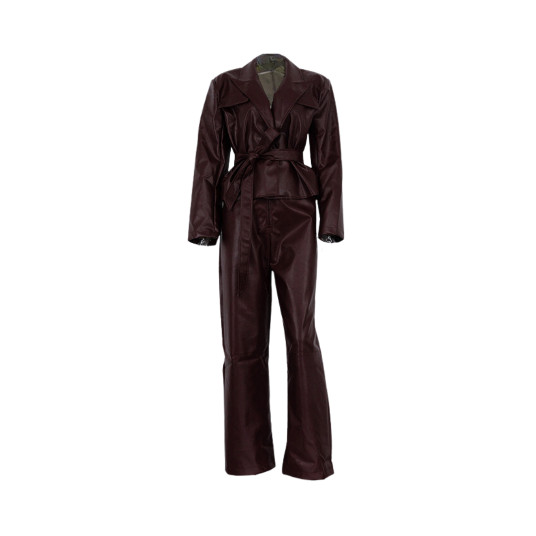 Pre Order: Vintage Burgundy Faux Leather Tie Waist Jacket + Pants Set