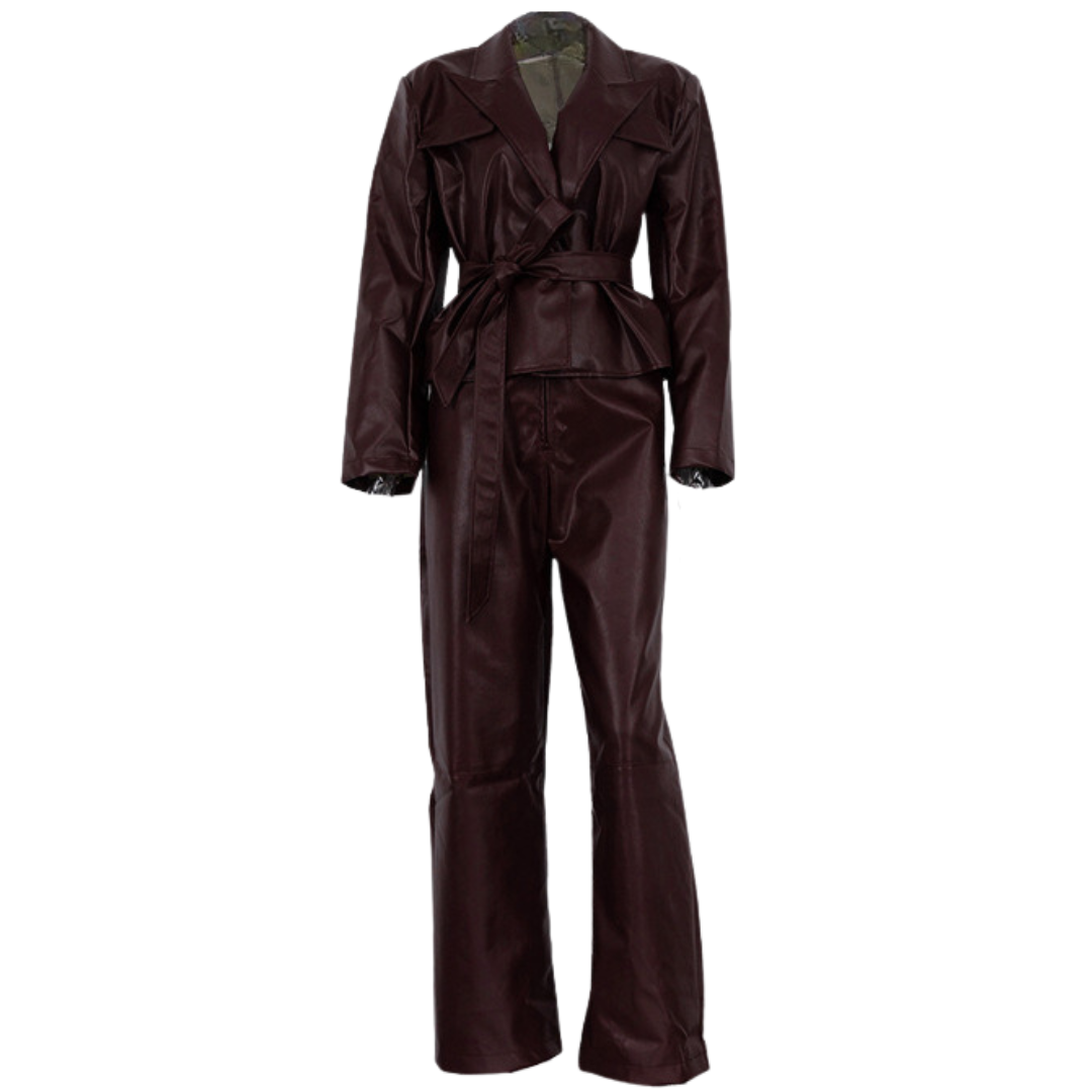 Pre Order: Vintage Burgundy Faux Leather Tie Waist Jacket + Pants Set