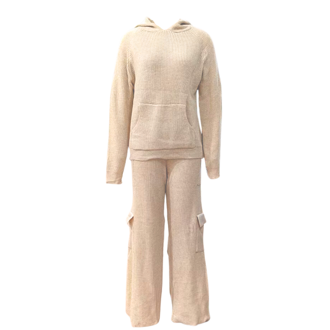 Pre Order: Cozy V-Neck Pocket Knitted Hooded Pull Over + Cargo Pants Set