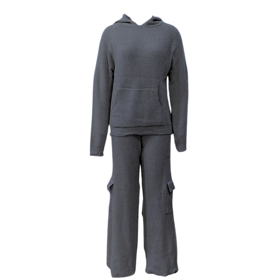 Pre Order: Cozy V-Neck Pocket Knitted Hooded Pull Over + Cargo Pants Set