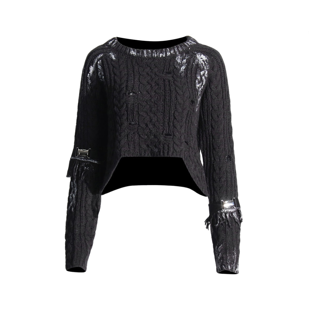 Pre Order:  Belt Tassel Long Sleeve Knitted Cropped Sweater