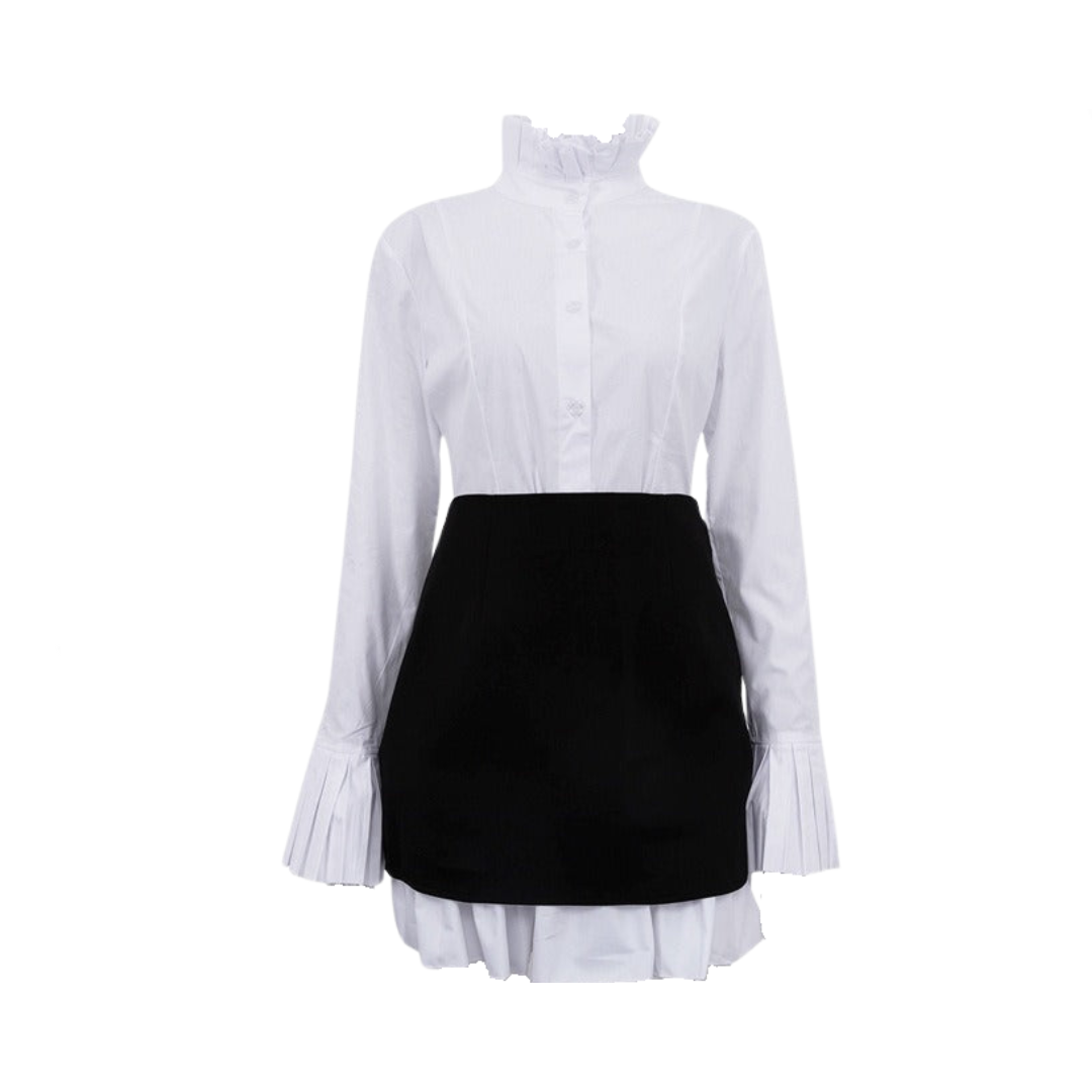 Pre Order:  Retro Flared Sleeves Pleated Stand Collar Shirt + Skirt Set