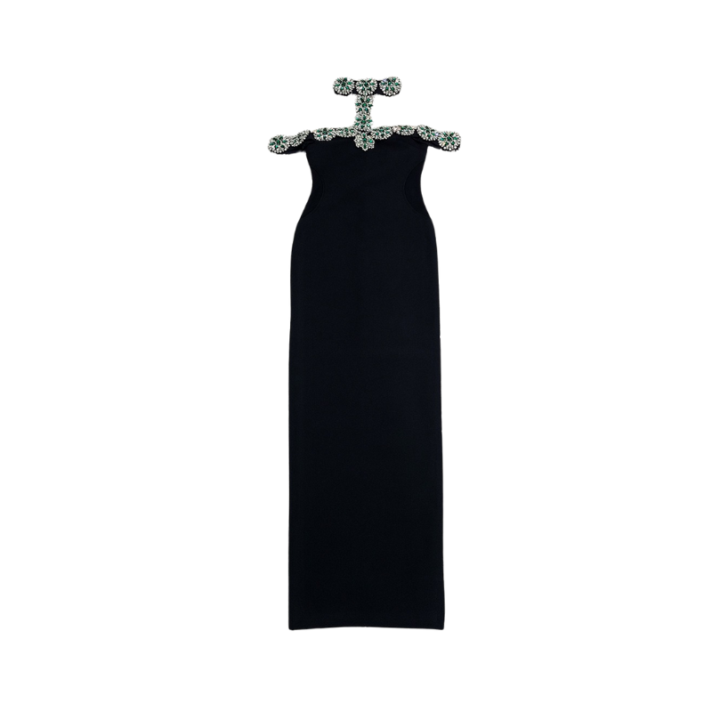 Pre Order: Elegant Halter Black Evening Dress with Diamond Embellishment