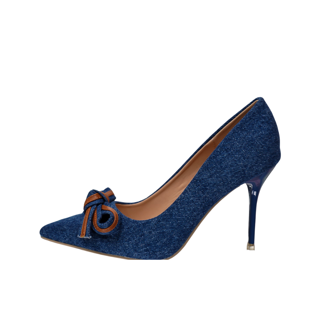 Pre Order:  Denim Bow Shallow Cut Stiletto Pumps