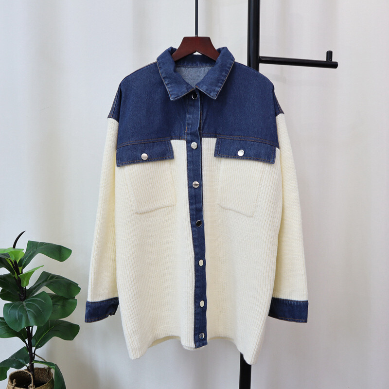 Pre Order: Denim Patchwork Loose Knitted Cardigan