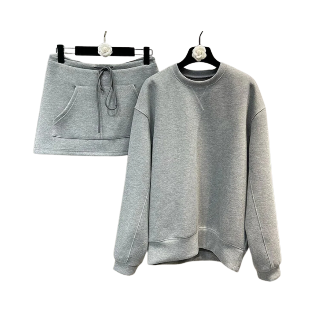 Pre Order:  Solid Round Neck Long Sleeve Pullover Sweatshirt + Wrap Hip Skirt