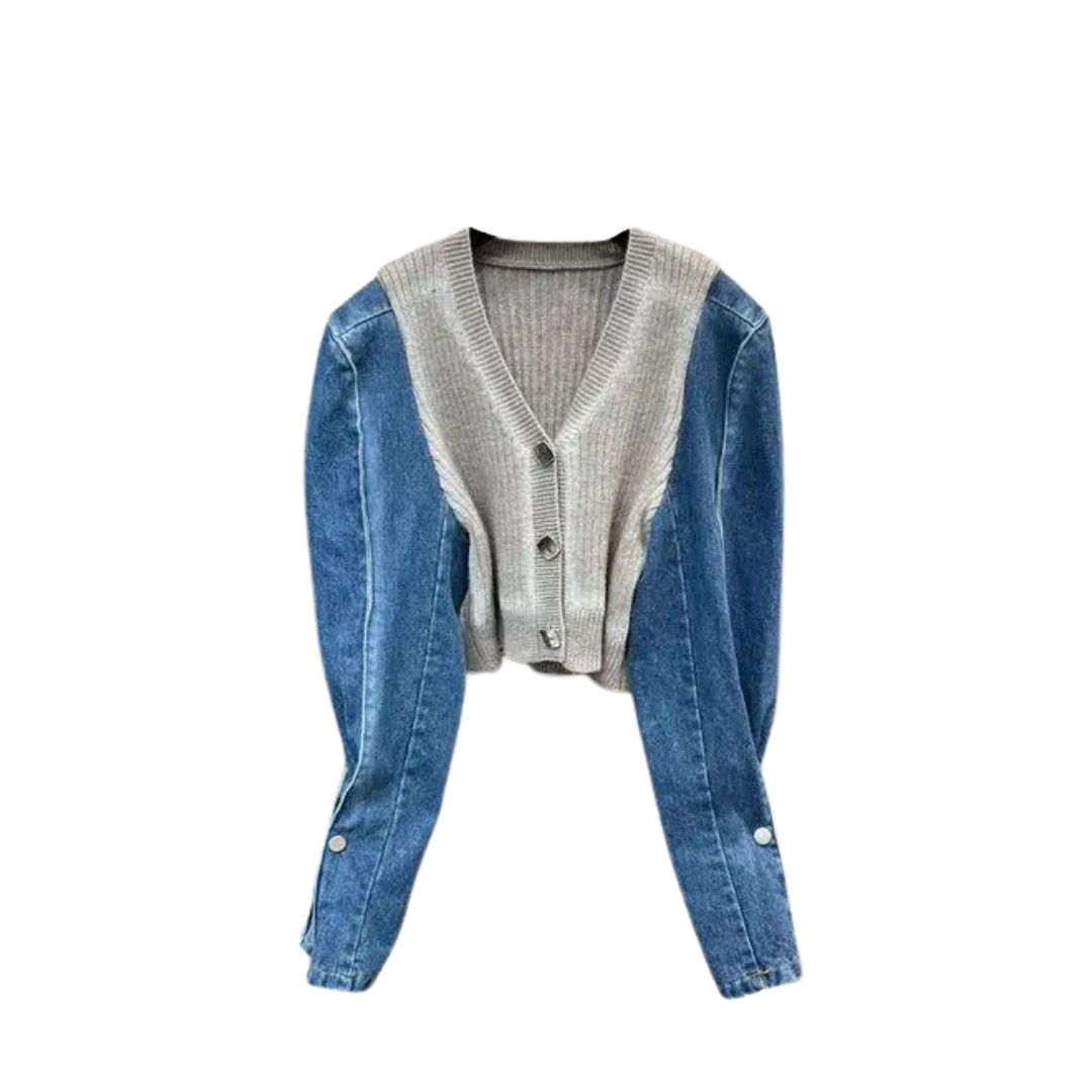 Pre Order:  Casual Knit Body Denim Long Sleeve Cardigan