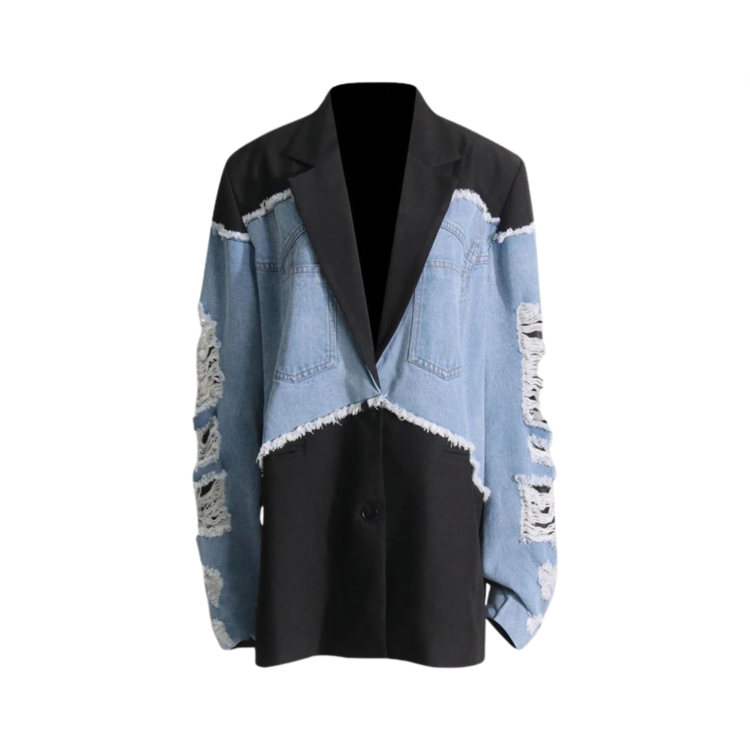 Denim Stitched Single Breasted Loose Long Blazer