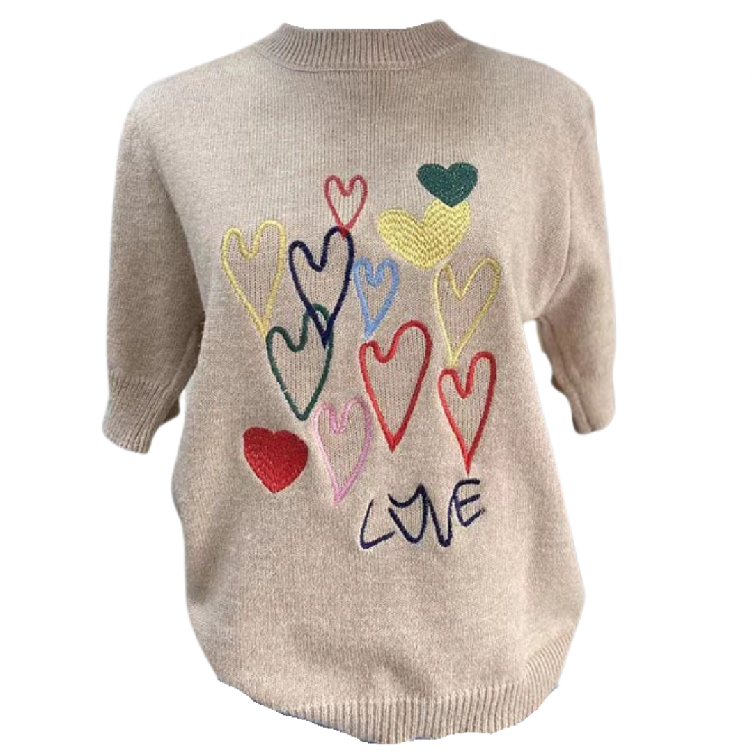 Pre Order:  Round Neck Loose Retro Heart Embroidery Knit T-Shirt