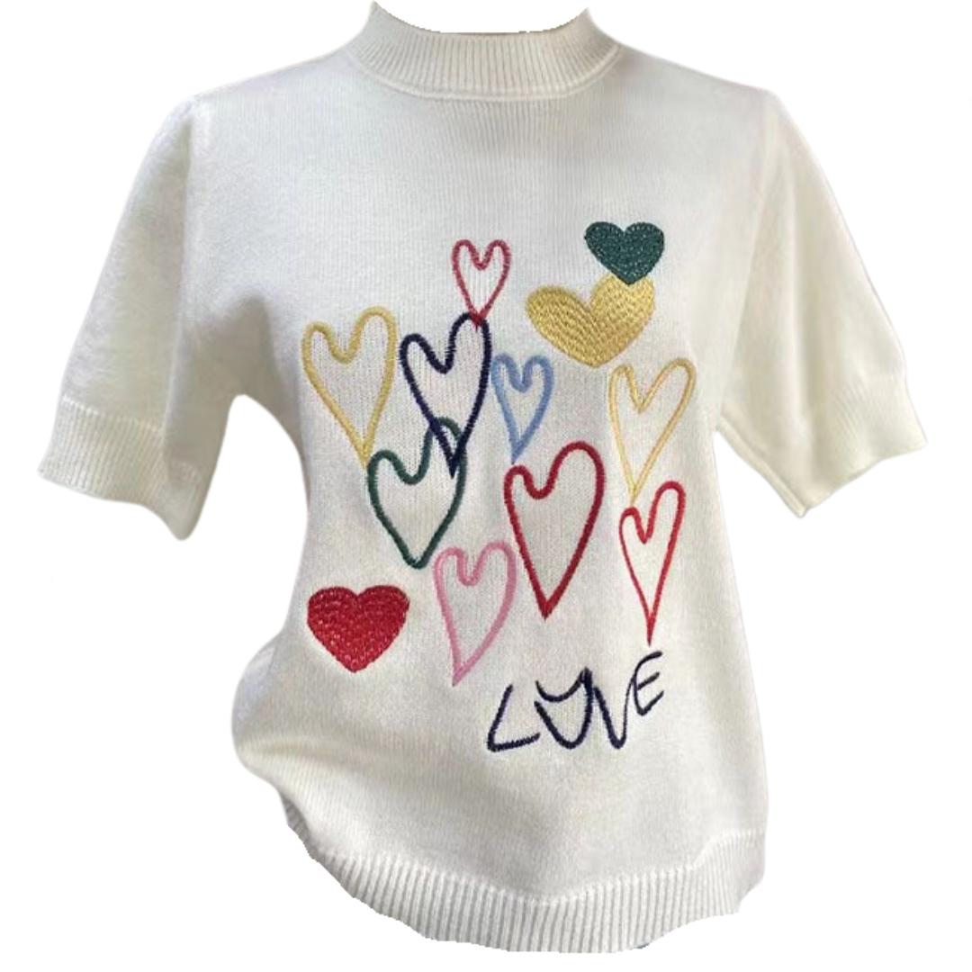 Pre Order:  Round Neck Loose Retro Heart Embroidery Knit T-Shirt