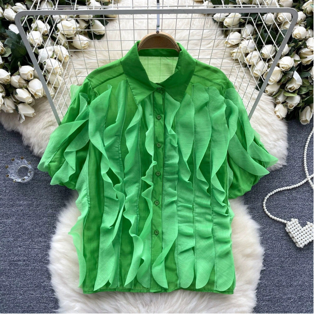 Mesh Ruffle Edge Bubble Sleeve Loose Blouse