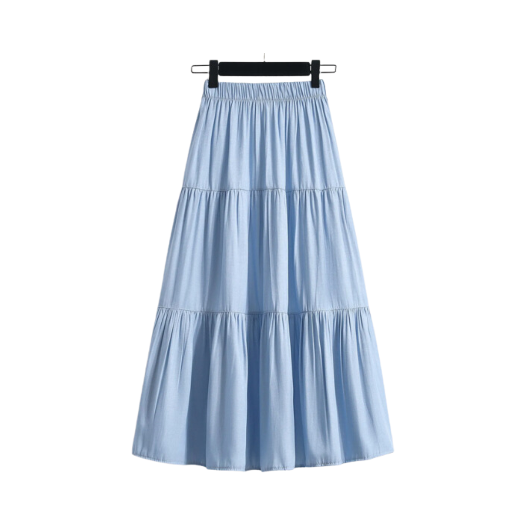 Pre Order:  Patchwork Denim Pleated A-Line Skirt