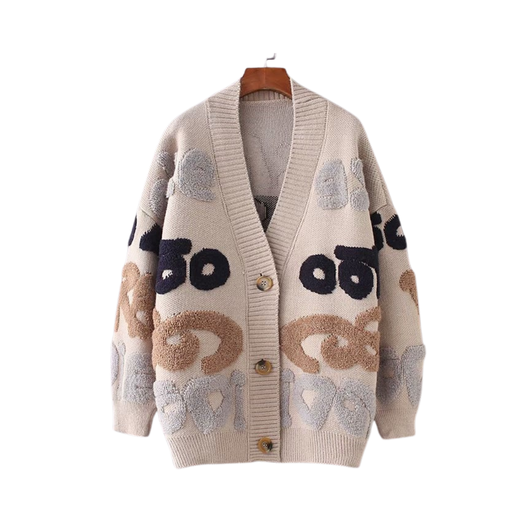 Jacquard Knitted V-Neck Loose Cardigan