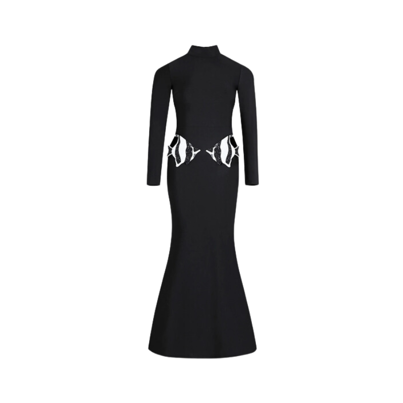 Pre Order:  Black Stand Collar Hollow Fish Decoration Tight Mermaid Dress