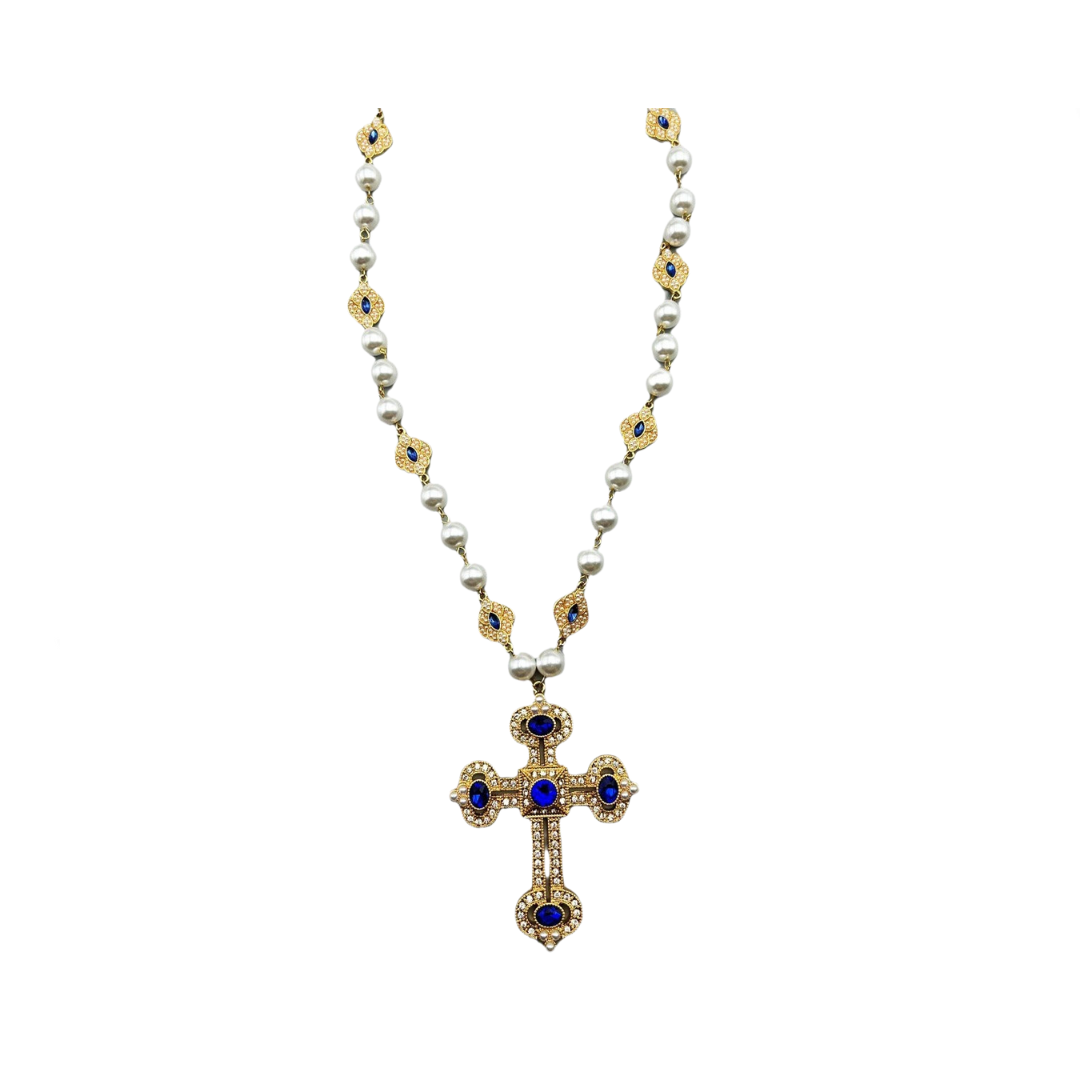 Pre Order:  Retro Diamond Inlaid Cross Pendant Pearl Necklace