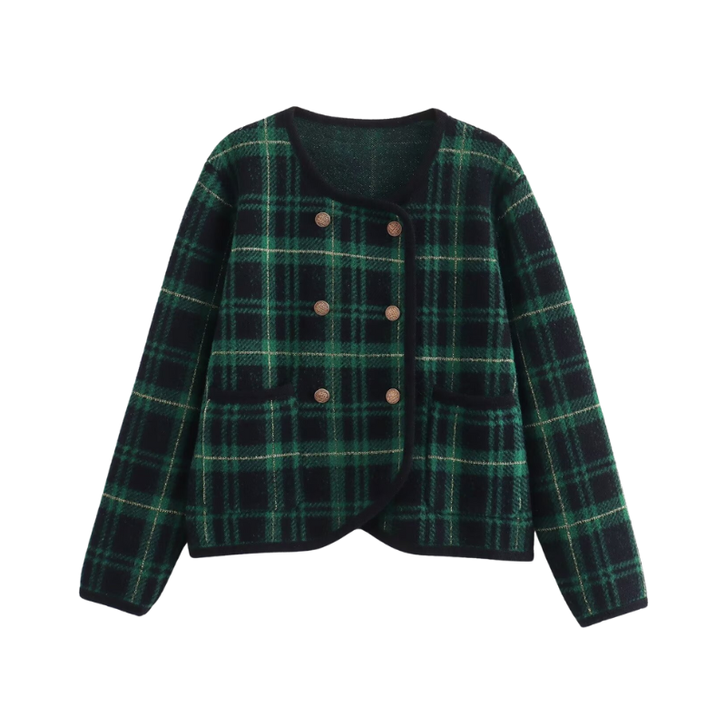 Pre Order: Green Checkered Double Breasted Knitted Cardigan