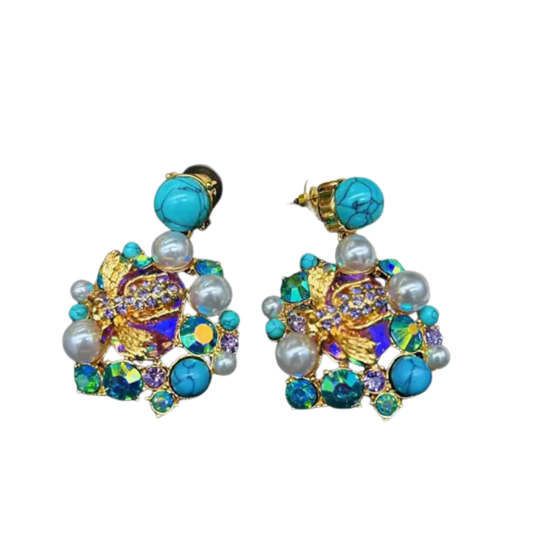 Pre Order:  Vintage Ornament Colorful Glass Bee Flower Earrings