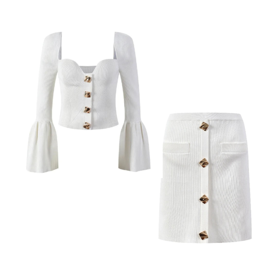 Pre Order:  Flare Long Sleeve Heart Collar White Blouse + Mini Skirt