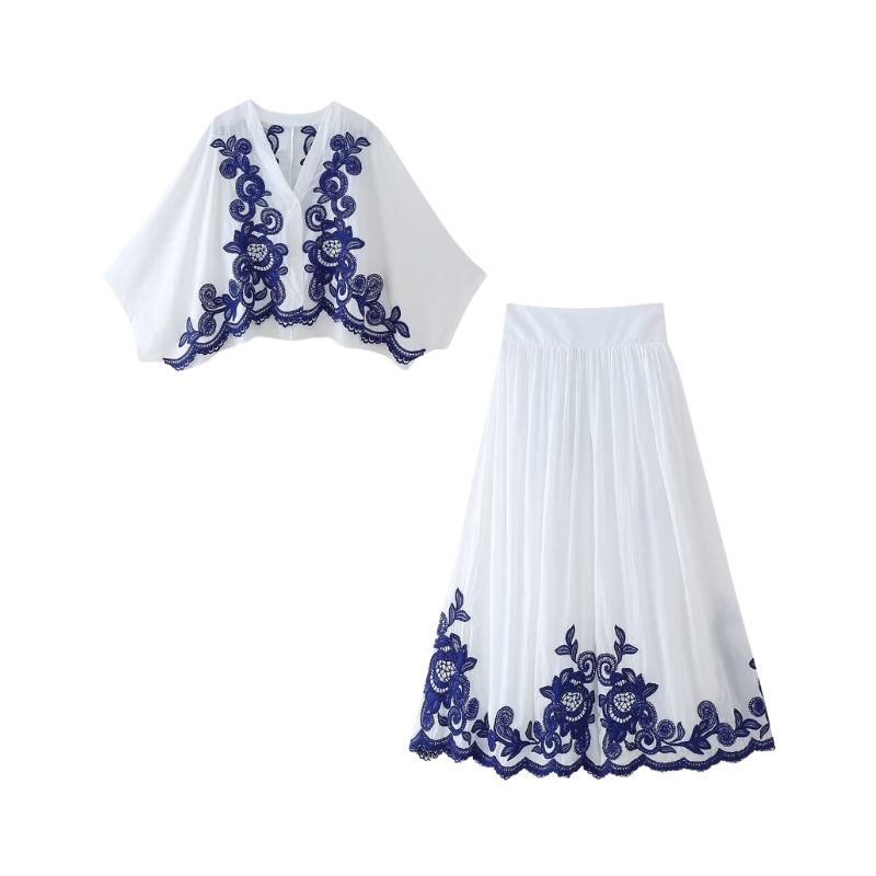 Pre Order: Contrasting Embroidered Shirt + Skirt Set