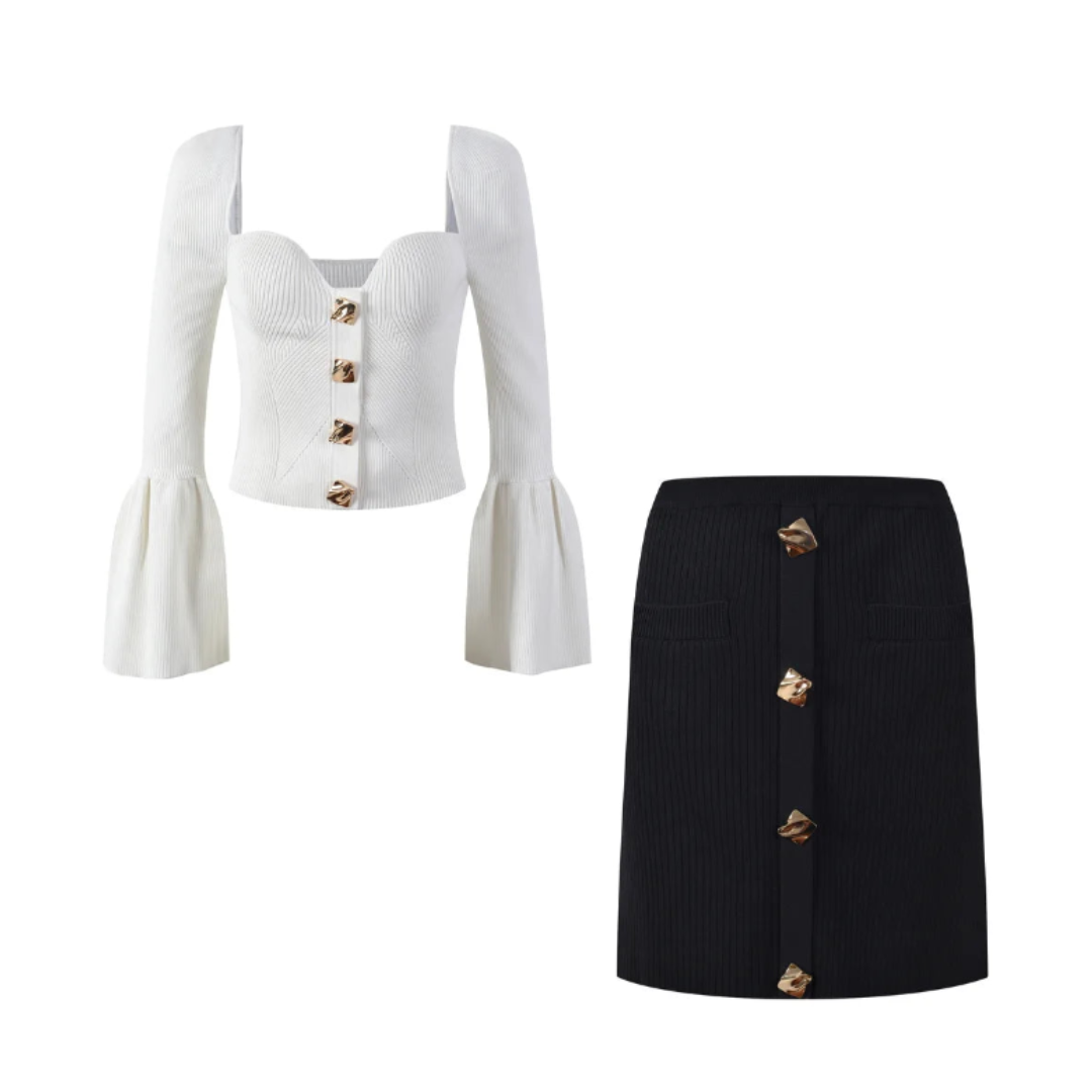 Pre Order:  Flare Long Sleeve Heart Collar White Blouse + Mini Skirt