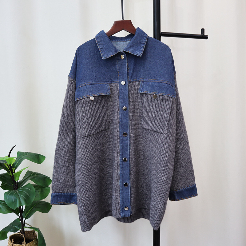 Pre Order: Denim Patchwork Loose Knitted Cardigan