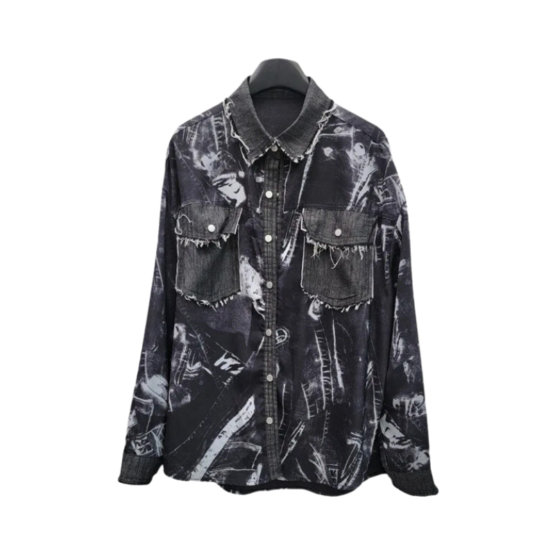 Pre Order: Printed Loose Denim Splice Casual Shirt